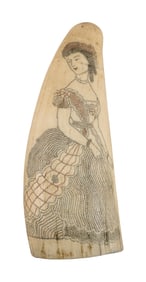 POLYCHROME SCRIMSHAW WHALE'S TOOTH WITH PORTRAIT OF A WOMAN 19th Century Length 4.5".