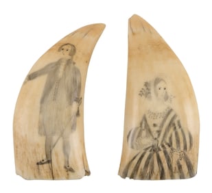 PAIR OF SCRIMSHAW WHALE'S TEETH WITH FIGURAL PORTRAITS 19th Century Lengths 5.5".
