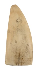 SCRIMSHAW WHALE'S TOOTH DEPICTING A FINELY DRESSED WOMAN 19th Century Length 5.25".