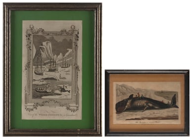 TWO BOOK PRINTS PERTAINING TO WHALING 18th and 19th Century Framed 15.25" x 11.25" and 7.75" x