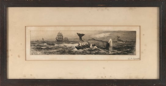 LEMUEL D. ELDRED (Massachusetts, 1848-1921), "On the Whaling Grounds"., Engraving, 4.5" x 16" sight.