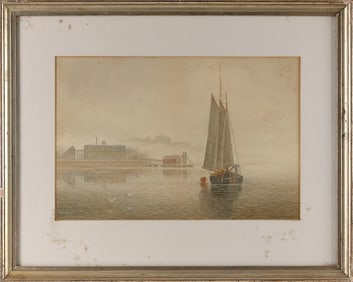 LEMUEL D. ELDRED (Massachusetts, 1848-1921), Fishing boat off a port, possibly New Bedford.,