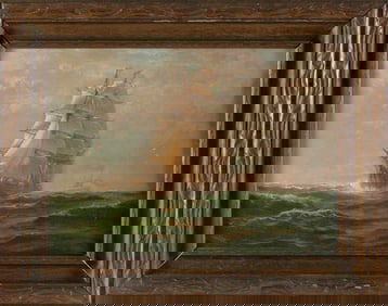 LEMUEL D. ELDRED (Massachusetts, 1848-1921), Full-rigged ship with a steamship off her stern., Oil