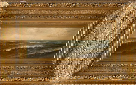LEMUEL D. ELDRED (Massachusetts, 1848-1921), Crashing waves., Oil on canvas, 6" x 15". Framed 14.75"