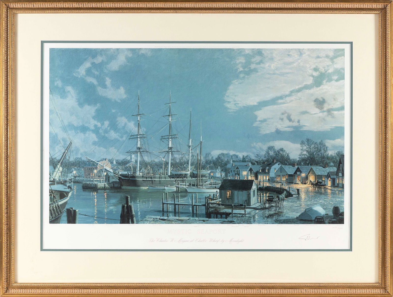 JOHN STOBART (Massachusetts/Florida/England, 1929-2023), "Mystic Seaport, The Charles W Morgan at: JOHN STOBARTMassachusetts/Florida/England, 1929-2023"Mystic Seaport, The Charles W Morgan at Chubb's Wharf by Moonlight". Signed in pencil lower right "Stobart". Numbered 1598/6141.Colored lithograph,