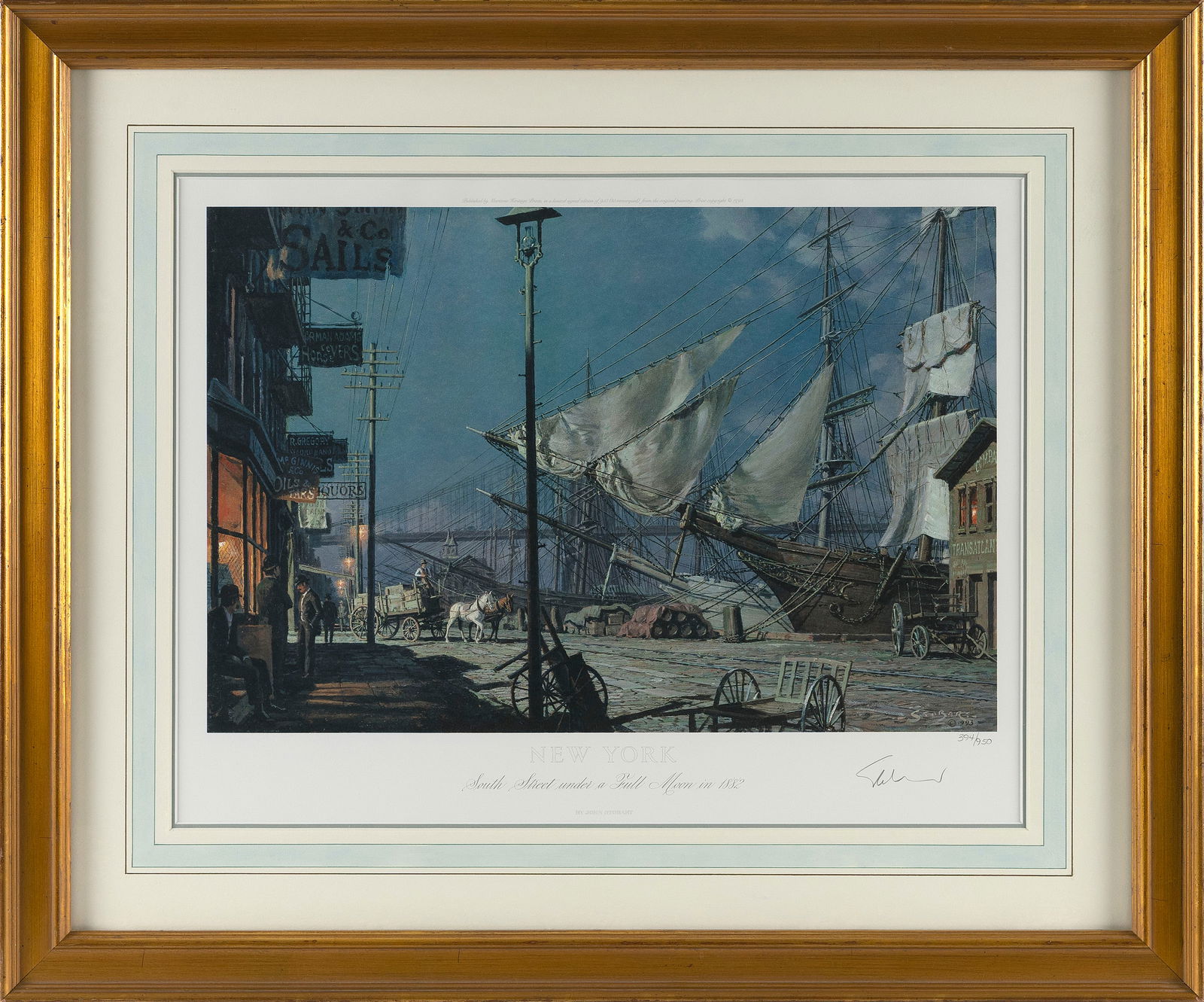 JOHN STOBART (Massachusetts/Florida/England, 1929-2023), "New York"., Colored lithograph, 15" x 19": JOHN STOBARTMassachusetts/Florida/England, 1929-2023"New York". Signed in pencil lower right "Stobart". Numbered 394/950.Colored lithograph, 15" x 19" sight. Framed 22.5" x 27".