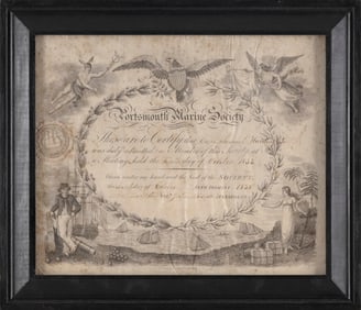 PORTSMOUTH MARINE SOCIETY MEMBERSHIP CERTIFICATE Dated October 1838 Framed 11.25" x 13".