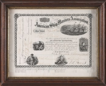 AMERICAN SHIP MASTERS' ASSOCIATION CERTIFICATE Dated July 23, 1866 Framed 13.5" x 16.5".