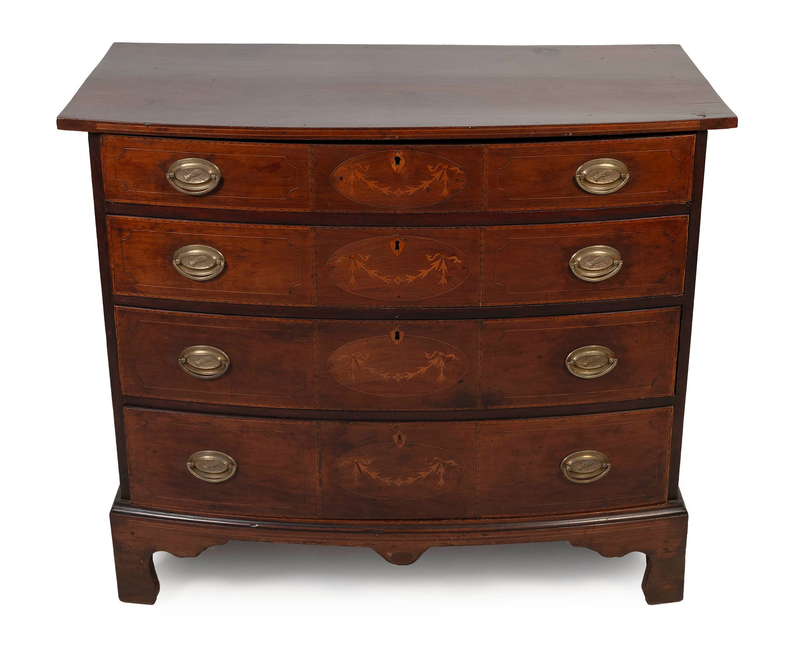CHIPPENDALE INLAID MAHOGANY VENEER BOWFRONT BUREAU Massachusetts, Circa 1780 Height 35". Width 41". (1 of 6)