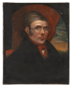 AMERICAN SCHOOL (19th Century,), Bust portrait of a man wearing a cap and eyeglasses., Oil on