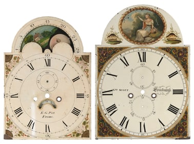 TWO PAINTED TALL-CASE CLOCK FACES 19th Century Heights 17" and 18.5".