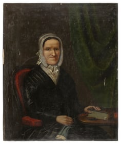 AMERICAN SCHOOL (19th Century,), Portrait of a lady with her hand on a Bible., Oil on canvas, 43.5"