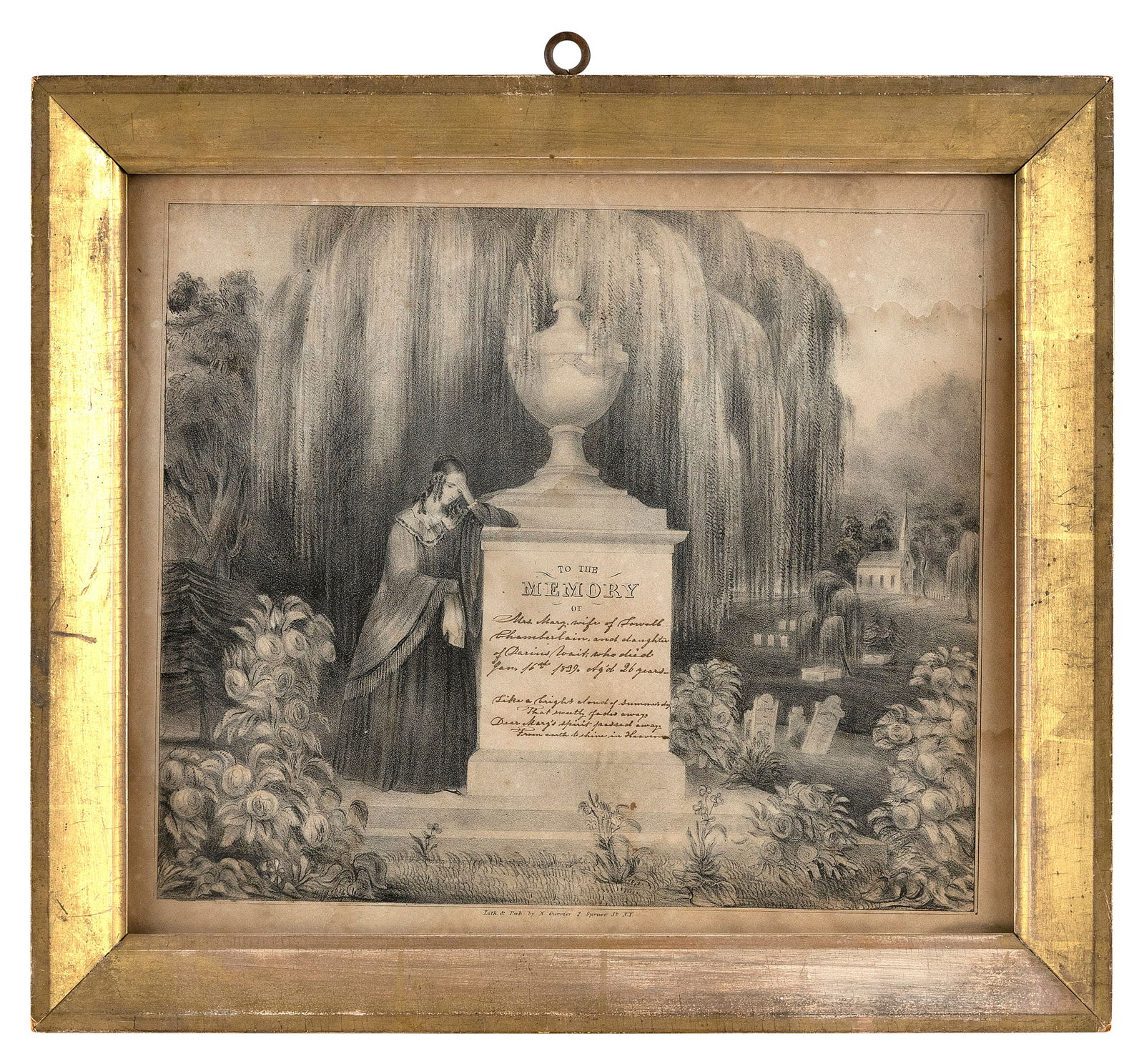 NATHANIEL CURRIER BLACK AND WHITE MEMORIAL LITHOGRAPH 19th Century 12" x 14" sight. Framed 15" x: NATHANIEL CURRIER BLACK AND WHITE MEMORIAL LITHOGRAPH19th CenturyTo the memory of "Mrs. Mary, wife of Lowell Chamberlain, and daughter of Darius [...], who died Jan. 16th, 1839, aged 26 years [...]".1
