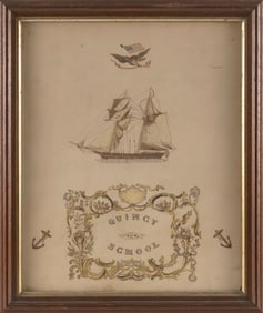 CHARMING "QUINCY SCHOOL" MARITIME MONTAGE Massachusetts, 19th Century Watercolor and ink, 16" x