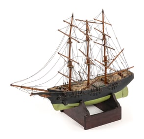 MODEL OF THE THREE-MASTED VESSEL "BLUE BIRD" Late 19th/Early 20th Century Height on cradle 14.25".