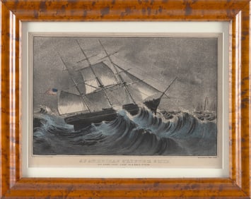 CURRIER & IVES LITHOGRAPH "AN AMERICAN CLIPPER SHIP. OFF SANDY HOOK LIGHT IN A SNOW STORM" New York,