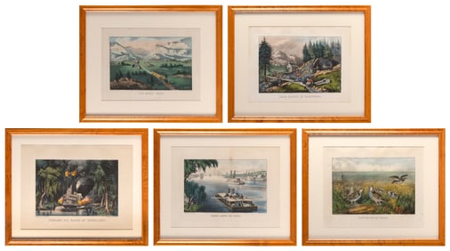 FIVE CURRIER & IVES HAND-COLORED SMALL FOLIO LITHOGRAPHS New York, 19th Century Each approx. 12.25"