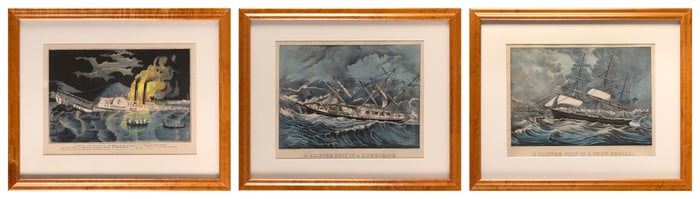 THREE CURRIER & IVES HAND-COLORED SMALL FOLIO LITHOGRAPHS 19th Century Each approx. 10" x 13" sight.