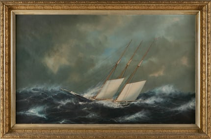 WILLIAM PIERCE STUBBS (Maine/Massachusetts, 1842-1909), Three-masted ship in rolling seas., Oil on