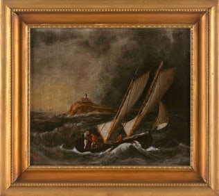 AMERICAN SCHOOL (19th Century,), Two-masted gaff-rigged vessel in heavy seas, Oil on canvas, 12" x