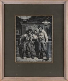AMERICAN SCHOOL (20th Century,), Two gunslingers and a barmaid in a saloon., Gouache, 17" x 13"