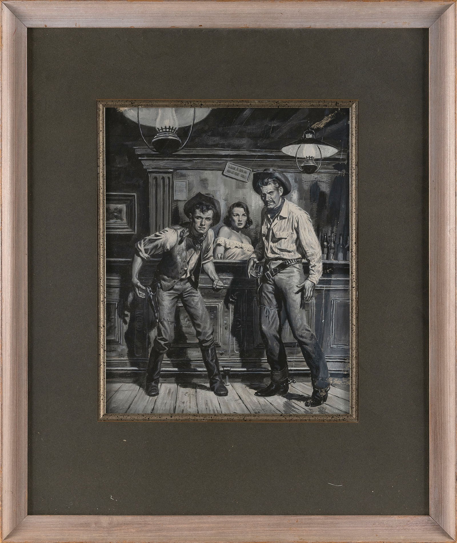 AMERICAN SCHOOL (20th Century,), Two gunslingers and a barmaid in a saloon., Gouache, 17" x 13" (1 of 2)