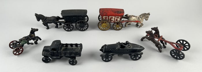 SIX CAST IRON TOYS Late 19th/Early 20th Century Lengths from 3.25" to 7.5".