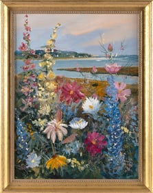 MARILYN SCHOFIELD (Massachusetts, 1936-2011), Flowers by the sea., Oil on canvas, 24" x 18". Framed