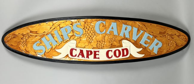 "SHIPS CARVER CAPE COD" CARVED AND POLYCHROMED WOODEN SIGN 20th Century Length 67".