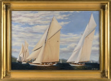 JULIA O'MALLEY-KEYES (Massachusetts, Contemporary), Racing J-boats., Oil on canvas, 24" x 36".