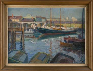 THOMAS KIMBALL EATON (Massachusetts, 1901-1988), Harbor view., Oil on canvas, 26" x 36". Framed 32"