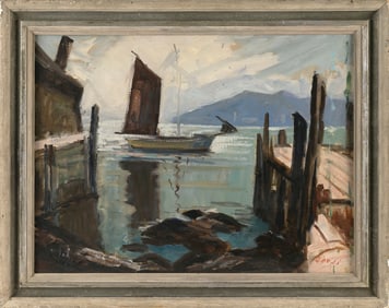 PASQUALE D'ORSI (Massachusetts, 1903-1982), "By the Docks, Gloucester"., Oil on canvas board, 18" x