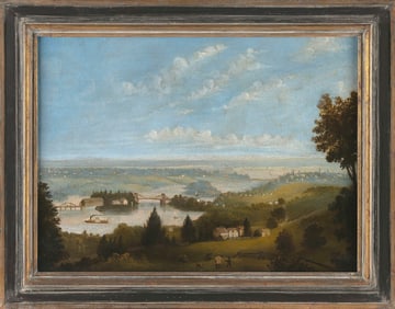 AMERICAN SCHOOL (19th Century,), Expansive river landscape with bridges and a side-wheeler., Oil on