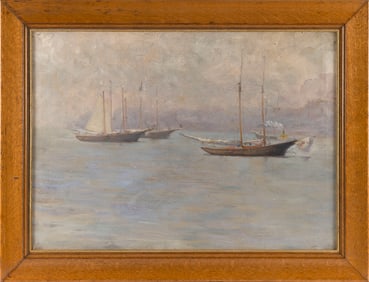 STYLE OF EDMUND GREACEN (America, Early 20th Century), Harbor scene., Oil on canvas, 20" x 28".