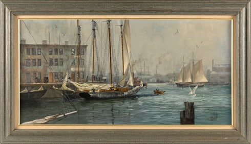 BEN NEILL (Massachusetts, 1914-2001), "T-Wharf Boston Circa 1920"., Oil on canvas, 15" x 30". Framed