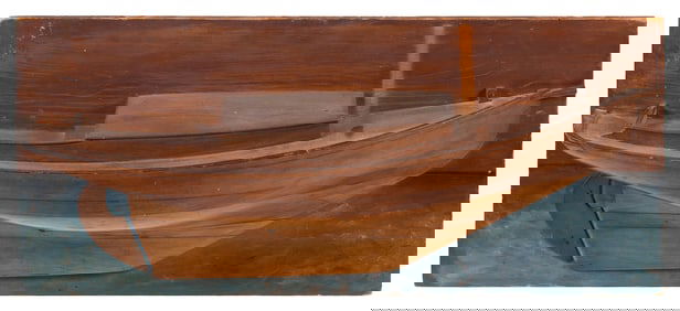 MOUNTED HALF HULL MODEL OF A SLOOP Early 20th Century Pine backboard 14.25" x 31".