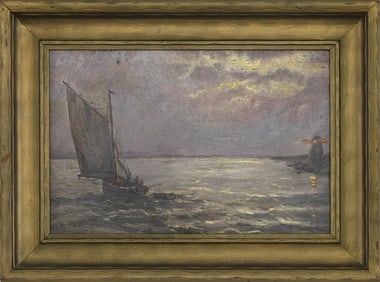 AMERICAN SCHOOL (Late 19th Century,), Boat at nightfall, sailing past a lighthouse., Oil on board,