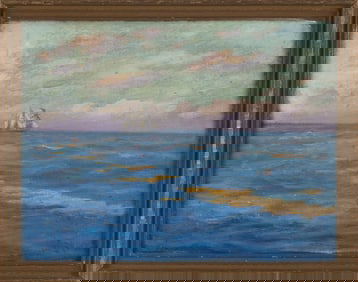 C. MYRON CLARK (Massachusetts, 1858-1925), Distant view of a three-masted sailing ship., Oil on