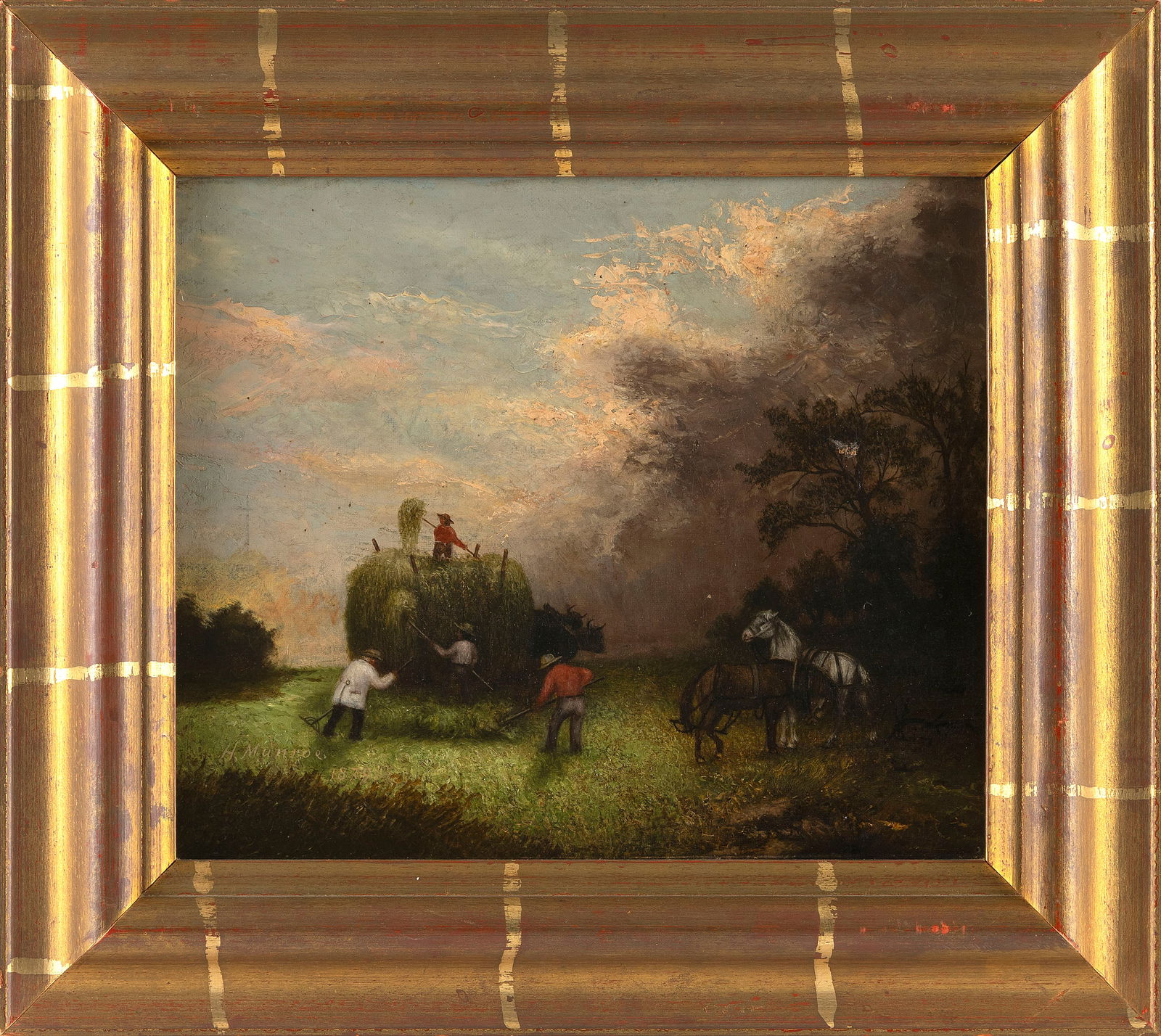 FALL RIVER SCHOOL (19th Century,), Workers haying., Oil on canvas, 8" x 12". Framed 14.75" x 16.5". (1 of 2)