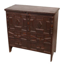 PAINTED PINE PILGRIM MULE CHEST Possibly Massachusetts, 17th Century Height 38". Width 39". Depth