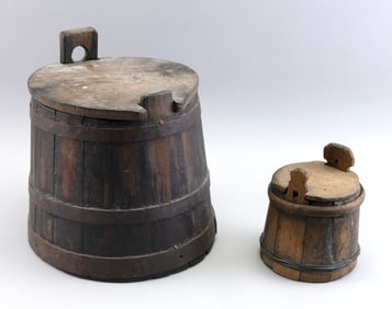 TWO WOODEN PIGGINS 18th and 19th Century Heights 7" and 11". Diameters to 11.5".