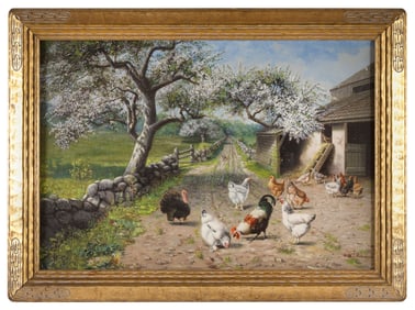 WILLIAM T. ROBINSON (Massachusetts, 1852-1934), Chickens, a rooster and a turkey in a farmyard., Oil