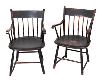 PAIR OF WINDSOR ROD-BACK ARMCHAIRS America, 19th Century Back heights 32.75". Seat heights 16.5".