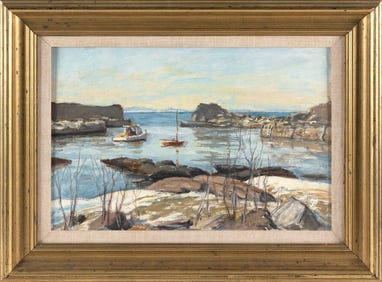 ARNOLD WHITMAN KNAUTH II (Massachusetts/New York, 1918-2017), Coastal inlet., Oil on board, 12" x