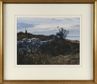 ROBERT VERITY CLEM (Massachusetts/Connecticut, 1933-2010), Birds soaring over a stone wall.,