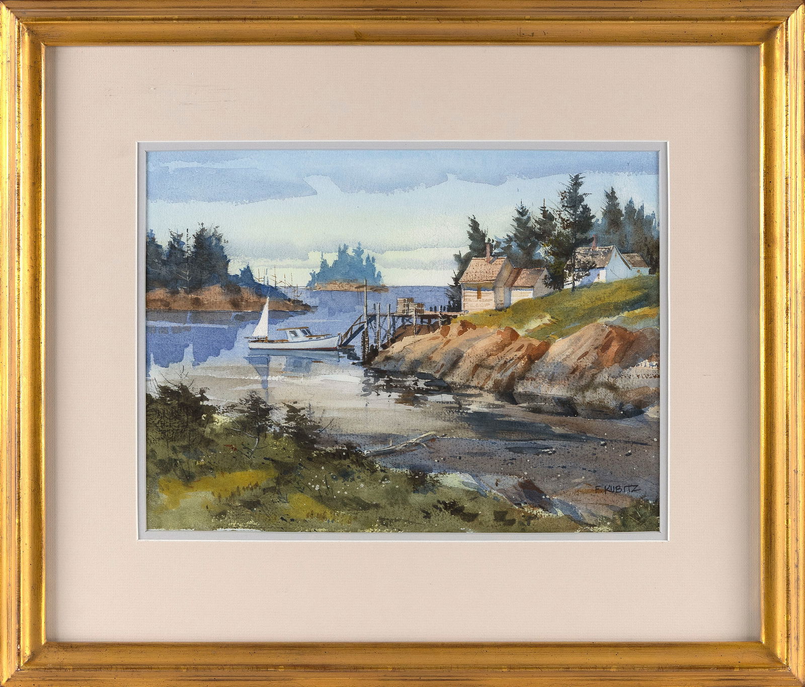FREDERICK KUBITZ (Massachusetts, 20th/21st Century), New England cove., Watercolor, 10.5" x 14": FREDERICK KUBITZMassachusetts, 20th/21st CenturyNew England cove. Signed lower right "F. Kubitz".Watercolor, 10.5" x 14" sight. Framed 19" x 23".