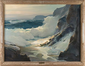 PHILIP G. SHUMAKER (Pennsylvania/Maine, 1921-1967), "New England Surf"., Oil on canvas, 30" x 40".