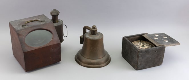 THREE MARITIME ITEMS 19th and 20th Century Binnacle height 9.75". Width 11". Depth 8.75".