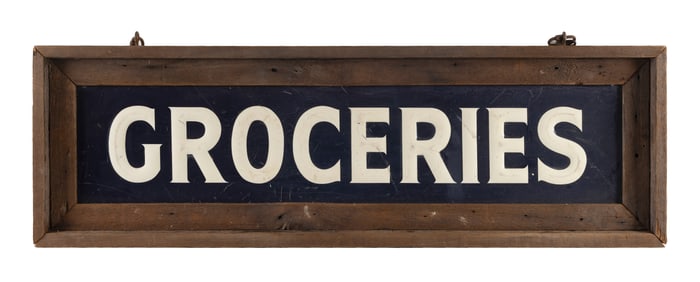 "GROCERIES" TIN ENAMEL TRADE SIGN First Quarter of the 20th Century 16" x 50".