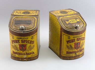 TWO TIN LITHOGRAPHED SPICE TINS Late 19th Century Heights 10". Widths 6.75". Depths 9".